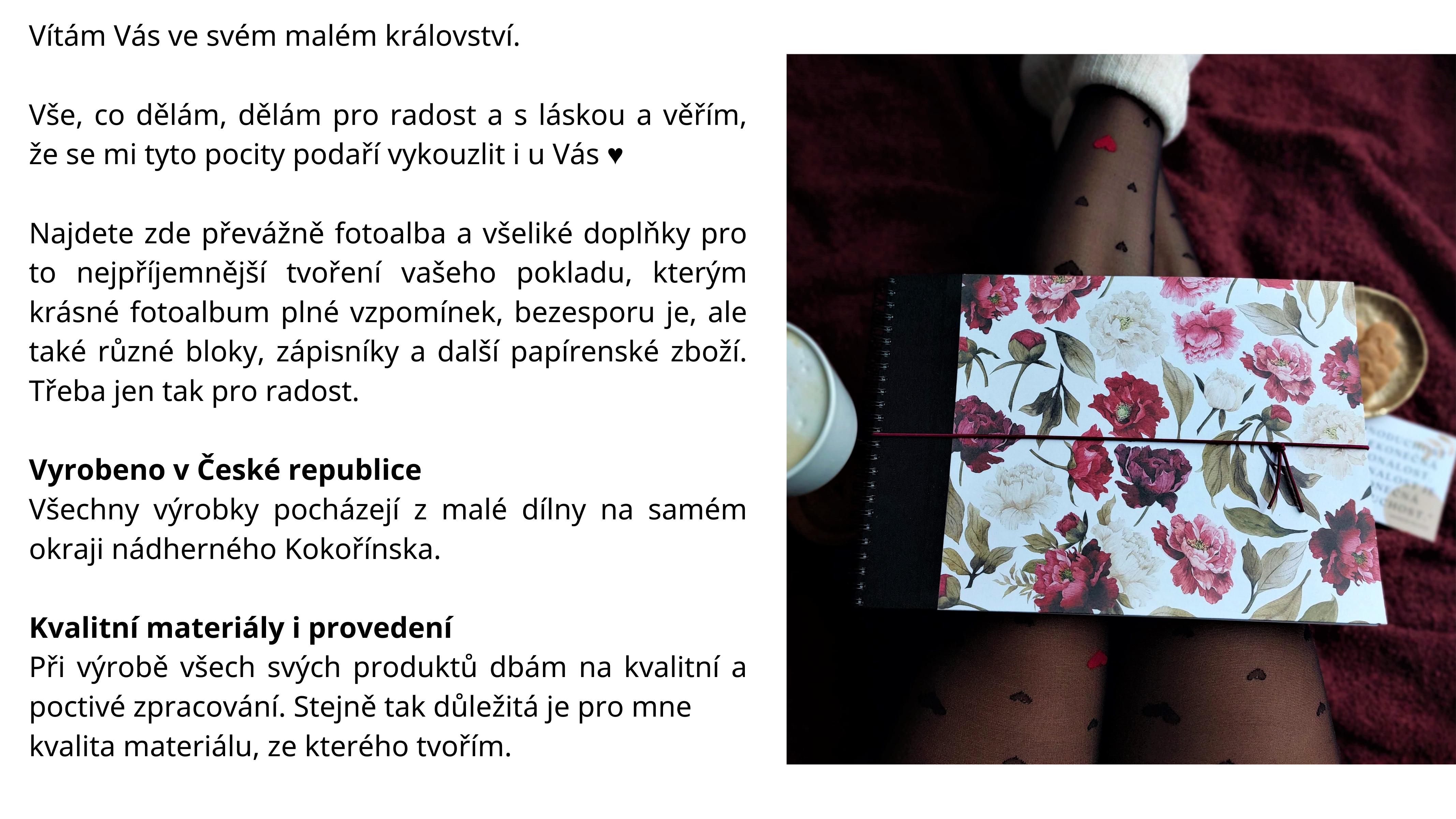 Vítám Vás ve svém malém království. Vše, co dělám, dělám pro radost a s láskou a věřím, že se mi tyto pocity podaří vykouzlit i u Vás ♥ Najdete zde převážně fotoalba a všeliké doplňky pro to nejpříjemnější tvoř (1)